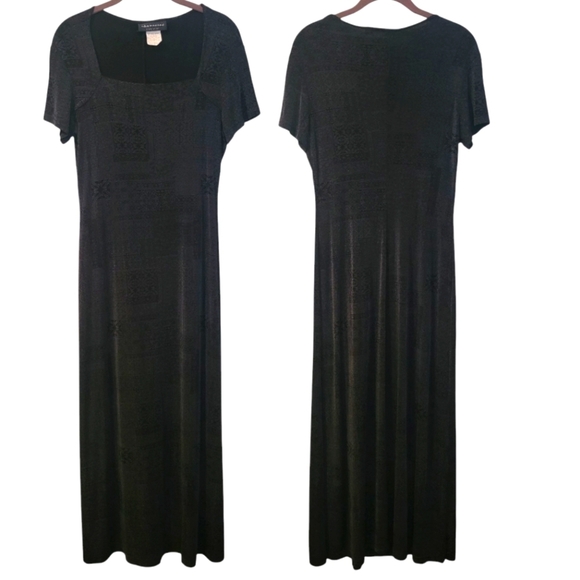 Women's 10 Vintage Black Geometric Floral Maxi Dress Slinky Stretchy Flattering - Picture 1 of 12